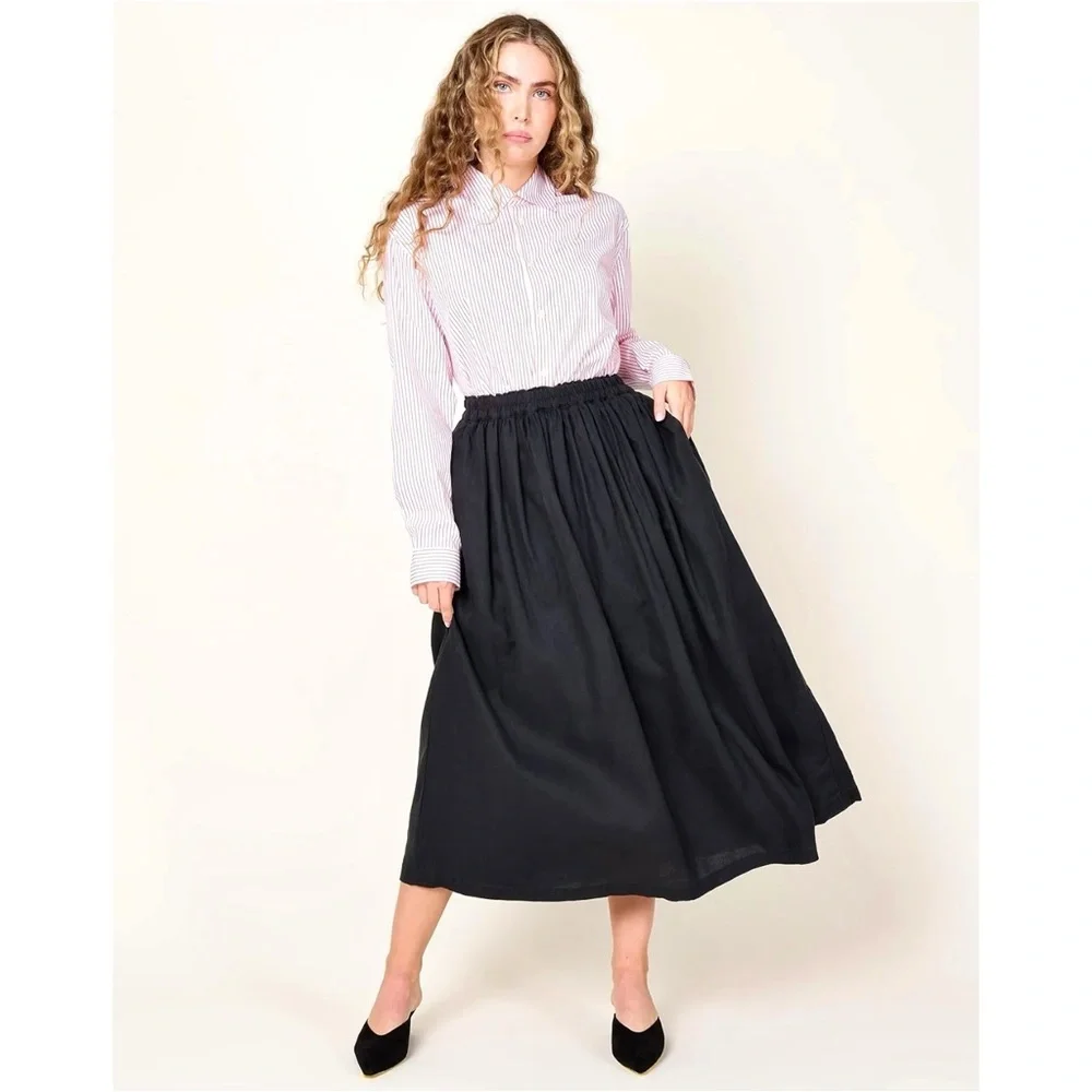 NWOT ICHI Color Linen Skirt - Black Linen Gathered Fully Lined Midi Maxi Skirt